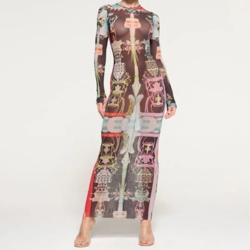 NWT SKIMS SUMMER MESH LONG SLEEVE DRESS ORCHID CABINET XL